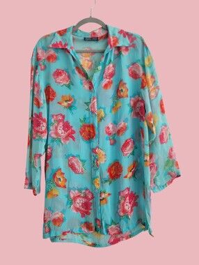 VTG Anne Cole Long Sleeve Oversized Tunic Sheer Button Up Cover Mini Dress Shirt